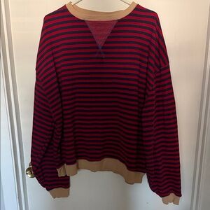We The Free Red and Black Striped Crewneck Sweater